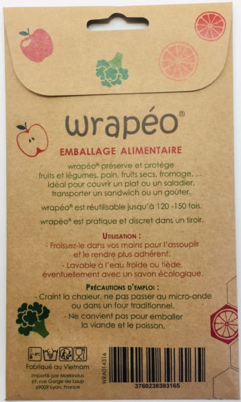 Set de 3 feuilles d’emballage alimentaire wrapeo enduites de cires végétales.