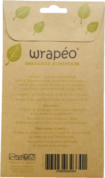 Set de 3 feuilles d’emballage alimentaire wrapeo enduites de cires végétales.