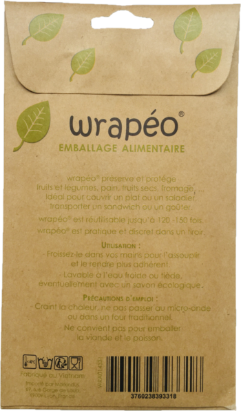 Set de 3 feuilles d’emballage alimentaire wrapeo enduites de cires végétales.