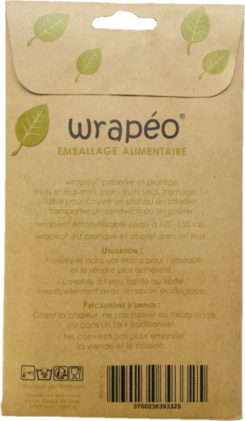 Set de 3 feuilles d’emballage alimentaire wrapeo enduites de cires végétales.