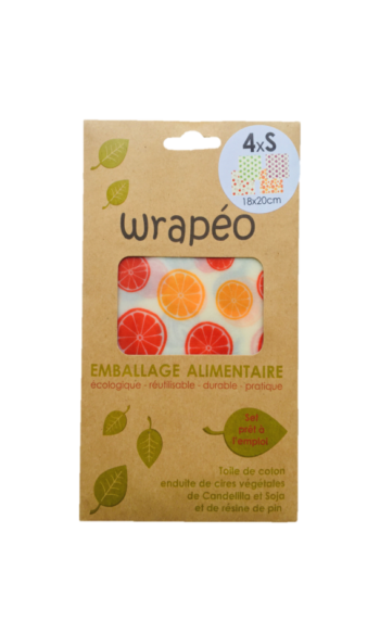 Set de 3 feuilles d’emballage alimentaire wrapeo enduites de cires végétales.