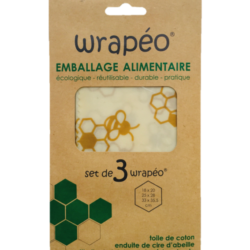 mballage alimentaire wrapeo réutilisable en cire d'abeille. Décor abeilles.