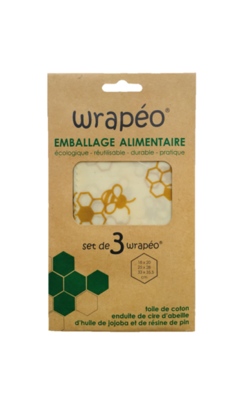 mballage alimentaire wrapeo réutilisable en cire d'abeille. Décor abeilles.