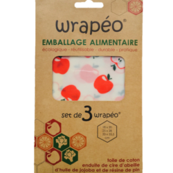 Set de 3 feuilles d’emballage alimentaire wrapeo enduites de cires végétales.