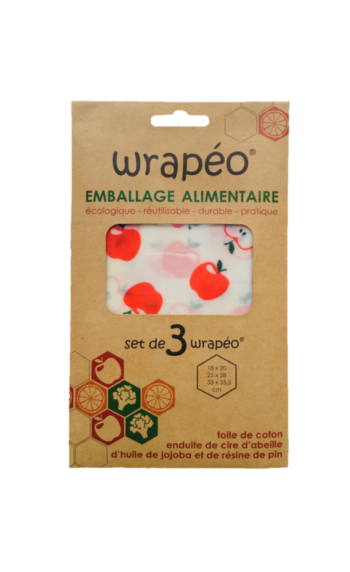 Set de 3 feuilles d’emballage alimentaire wrapeo enduites de cires végétales.